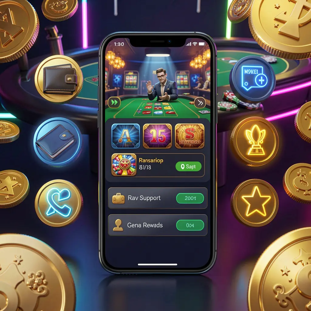 3U3U3U online casino app features visual showing a smartphone surrounded by icons for wallet, games, support, and rewards with golden coins and neon lights in a luxury 3D render