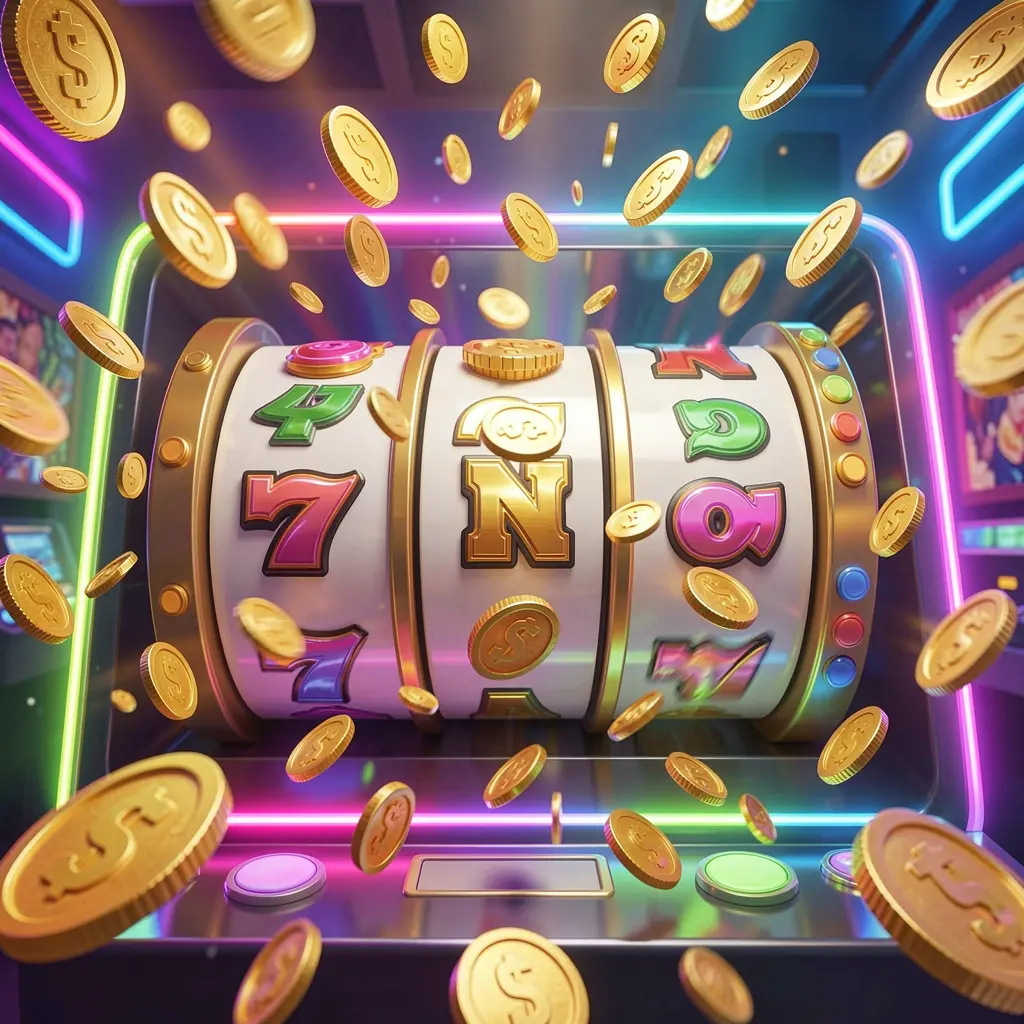 3U3U3U free spins casino scene with slot machine reels spinning, golden coins flying everywhere, and colorful neon lights creating an exciting jackpot mood in a premium 3D illustration