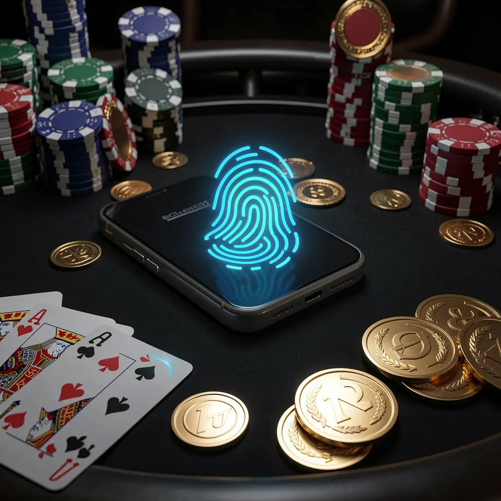 3U3U3U online casino authentication concept showing a phone with glowing fingerprint scan on a premium black table surrounded by poker chips, golden coins, and playing cards in a cinematic 3D render