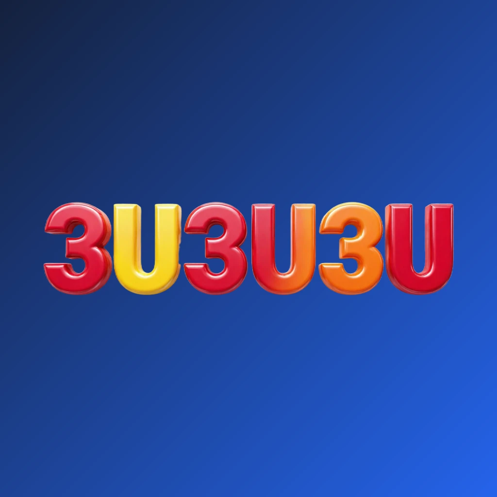 Vibrant 3U3U3U logo with bold heavy typography in bright red, yellow, and orange colors featuring a glossy 3D effect on a transparent background, designed as a wide horizontal rectangular wordmark for modern branding