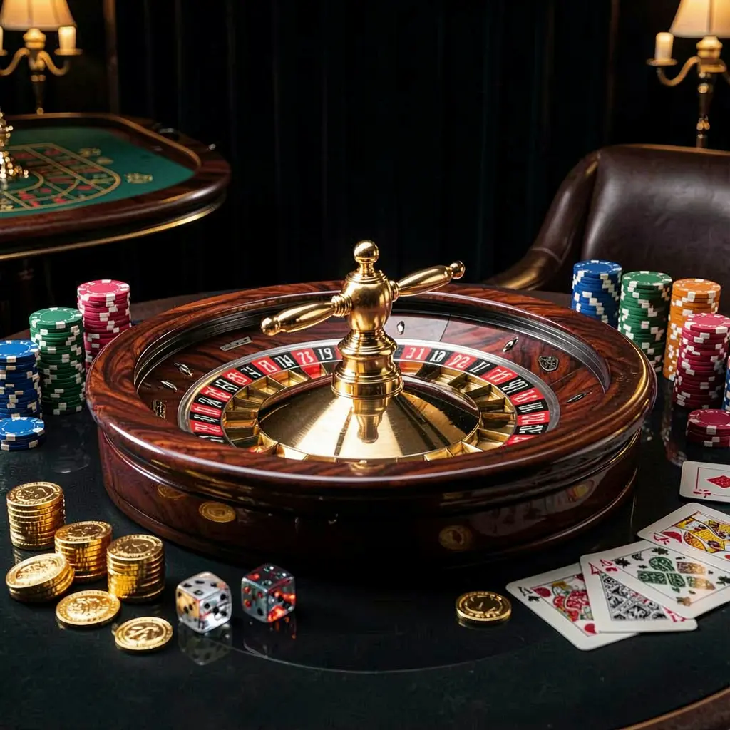 3U3U3U premium casino homepage featuring a roulette wheel spinning on a glossy table surrounded by poker chips, dice, cards, and golden coins against an elegant dark background with cinematic lighting